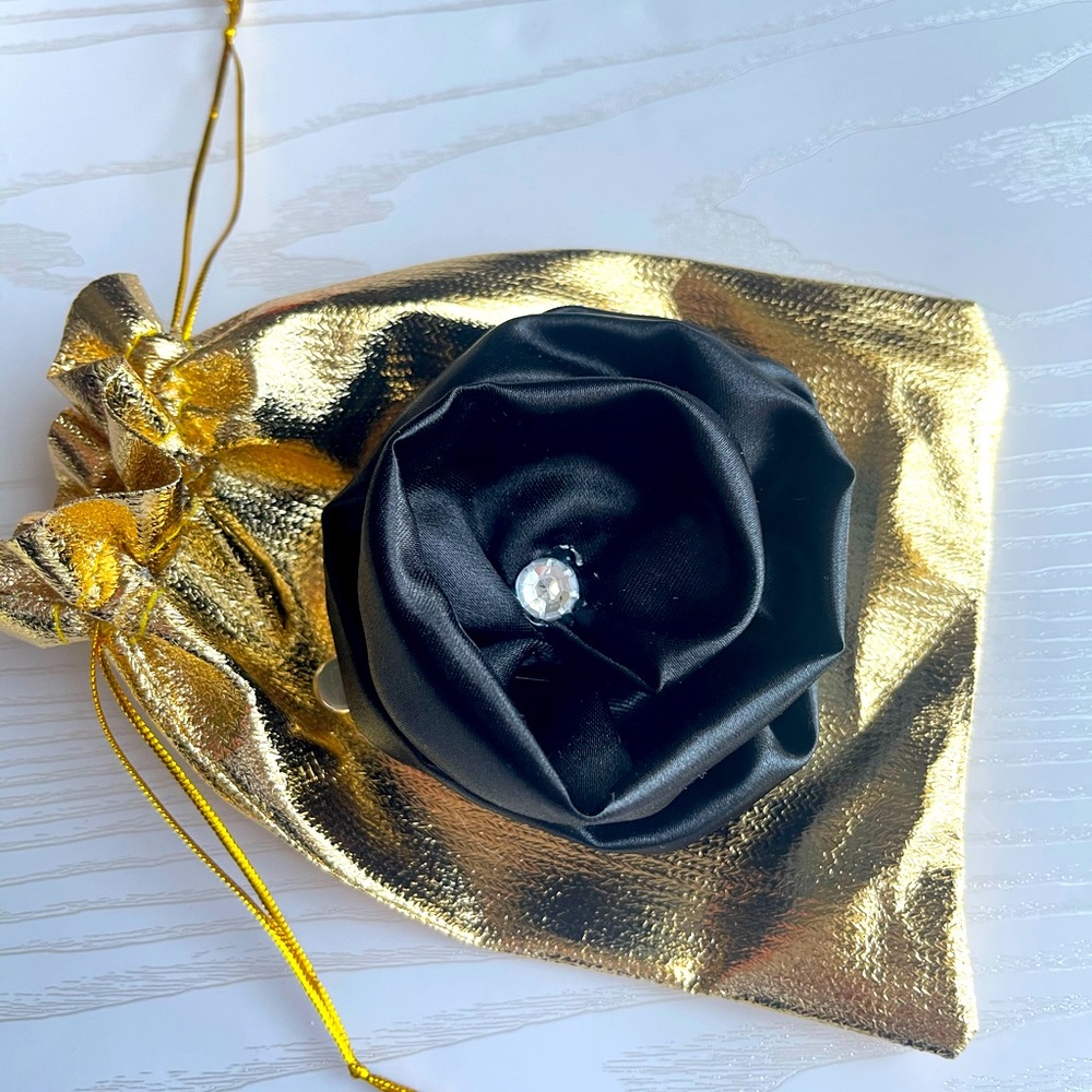 Black Satin Flower Hair Clip With Rhinestone, Satin Flowers, Hair Clips
